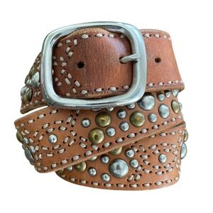 VTG Studded Brown LEATHER BELT Wide CHUNKY BOHO FESTIVAL Metallic Women’s 32-36